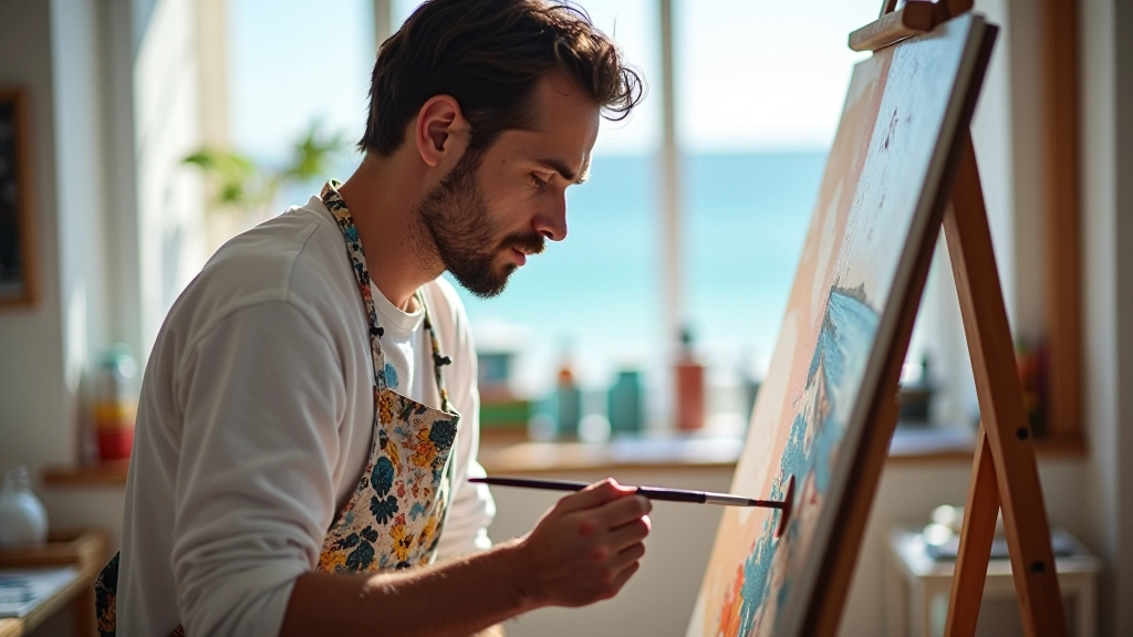 Artist working on abstract seascape painting in studio with multiple layers of blue and ochre pigment visible on canvas