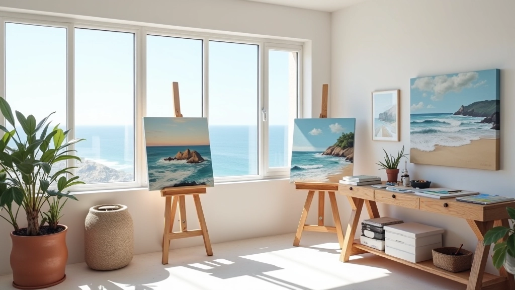 Artist's studio with seascape paintings displayed on walls and easels, natural light from large windows overlooking the Atlantic coast