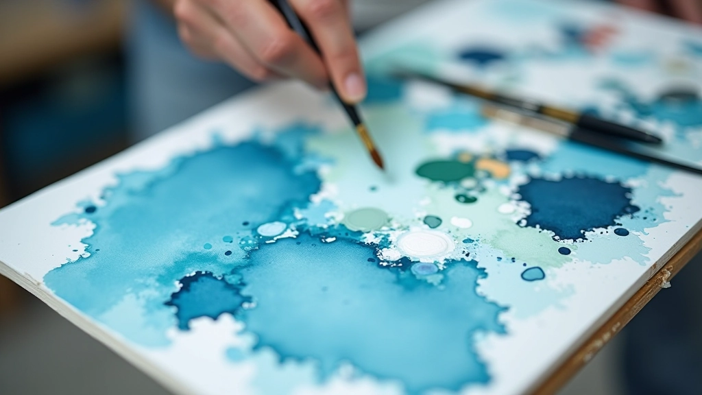 Close-up of artist's palette with multiple shades of blue, teal, and white oil paint mixed together with brushes ready for seascape painting