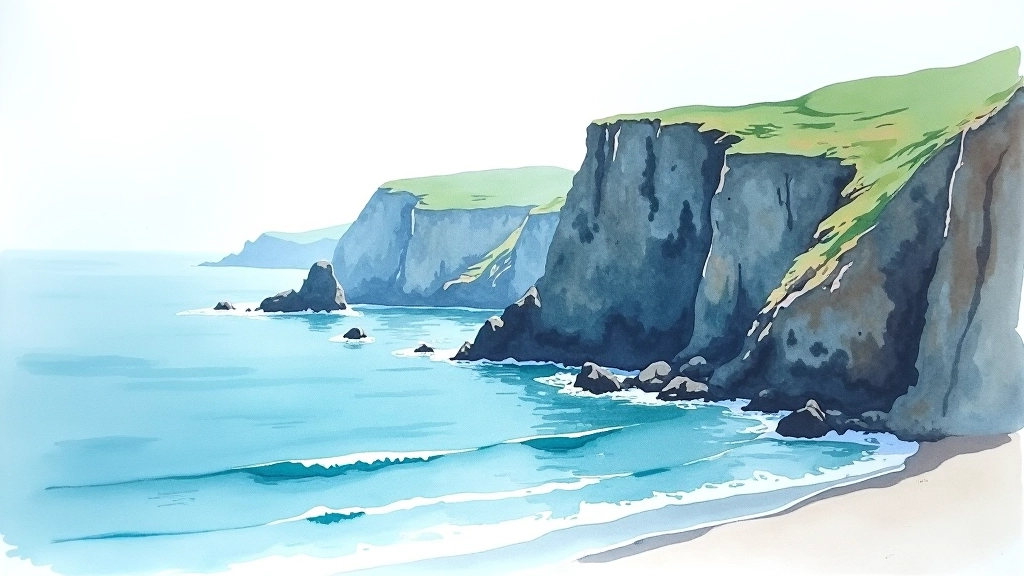 Finished watercolour seascape showing defined rocks and cliff edges where artist applied darker values on nearly dry paper