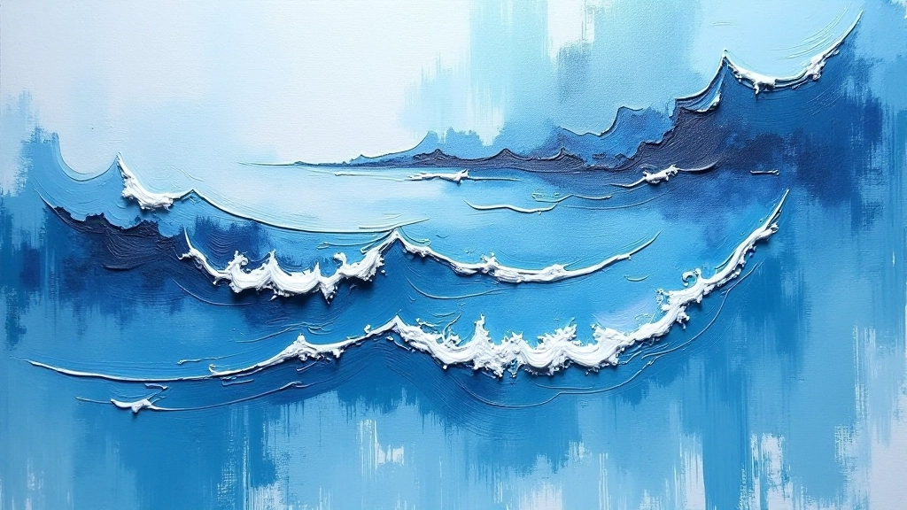 Close-up detail of layered oil paint showing gestural brushstrokes in blues grays and whites creating movement and depth