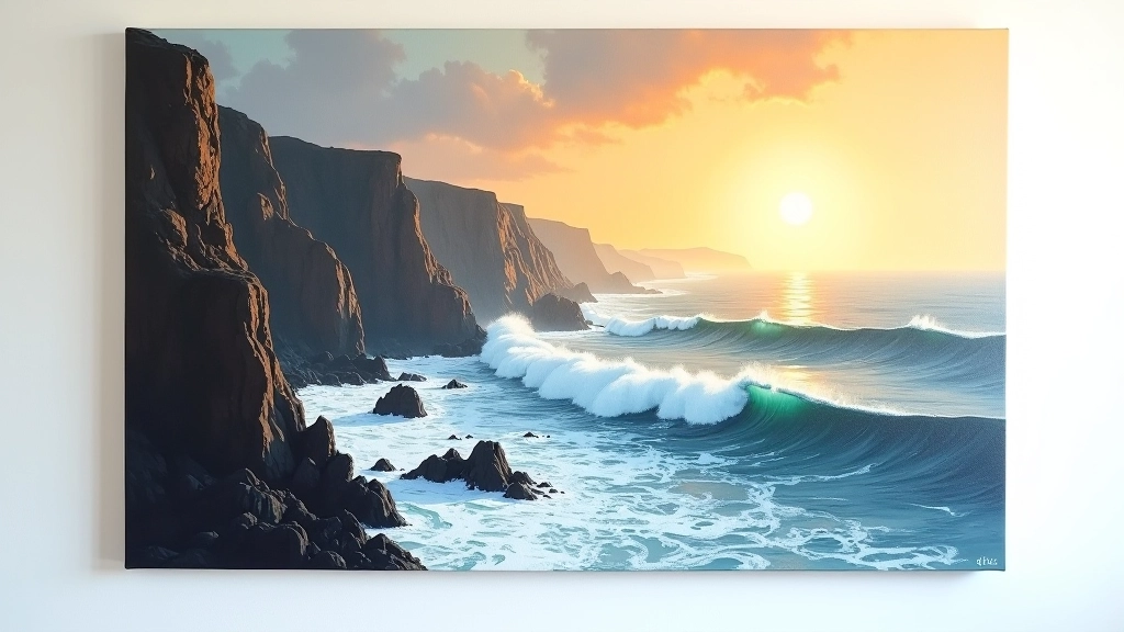 Finished oil painting showing dramatic coastal landscape with layered blues and warm ochre tones