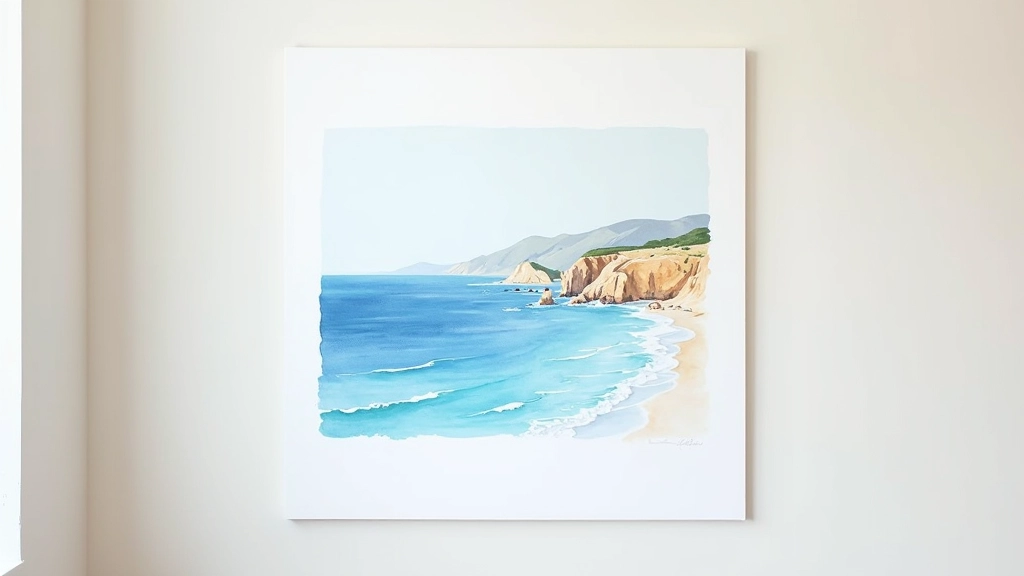 Completed watercolour seascape painting of Portuguese coastal cliffs with water reflections, mounted and ready for display