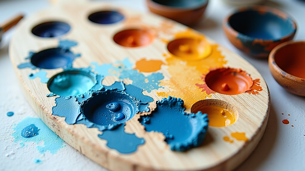 Array of oil paint tubes and mixed color samples showing palette of blues ochres and earth tones used in seascape series