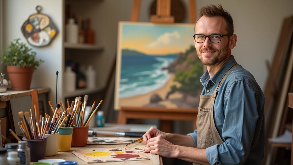 Artist's studio setup with organized oil paint tubes, brushes in jars, canvas on easel, and painting materials arranged on wooden table