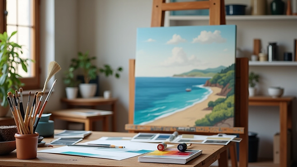 Artist's studio workspace showing paint swatches, reference photographs, and canvas materials for seascape painting commission