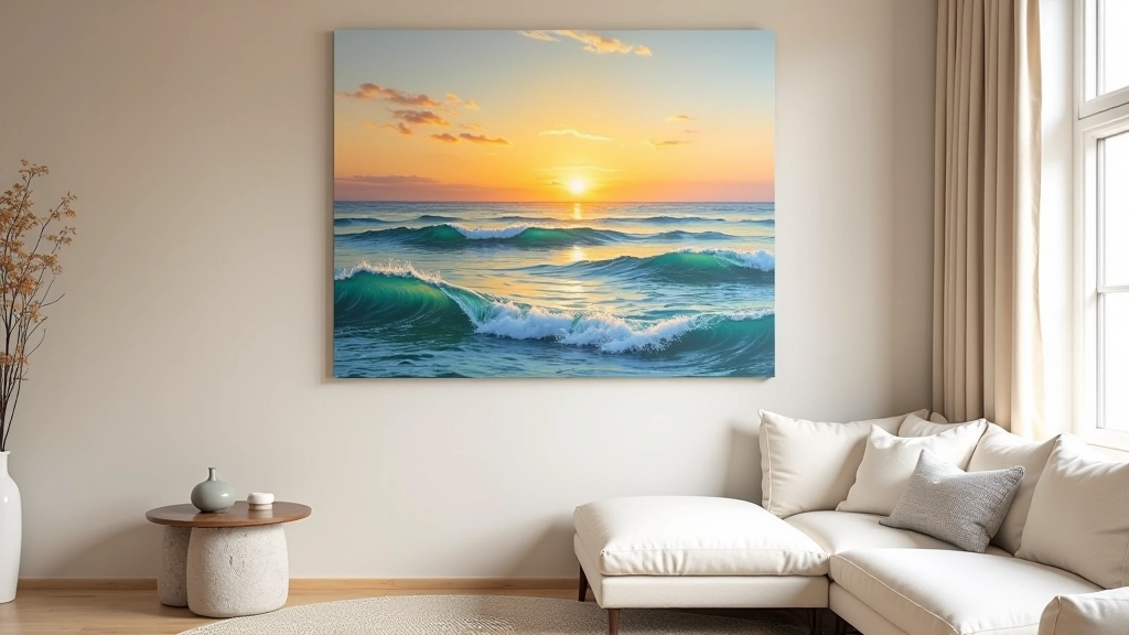 Finished seascape painting displayed in modern home setting showing Atlantic ocean waves with warm evening light