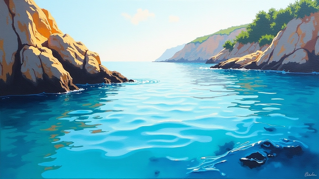 Finished seascape painting showing luminous water with visible glazed layers creating transparent blue-green tones with golden light reflections