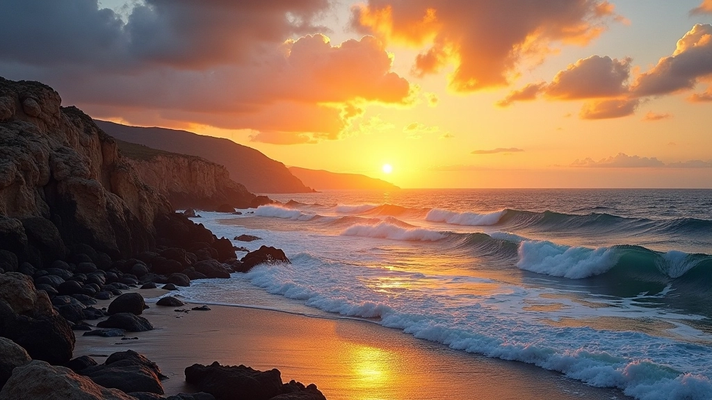 Coastal landscape at sunset showing dramatic Atlantic waves and rocky Portuguese shoreline with warm golden light reflecting on water