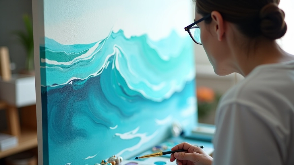 Layered oil painting demonstration showing multiple transparent glazes of blue and green creating depth and luminosity in water scene