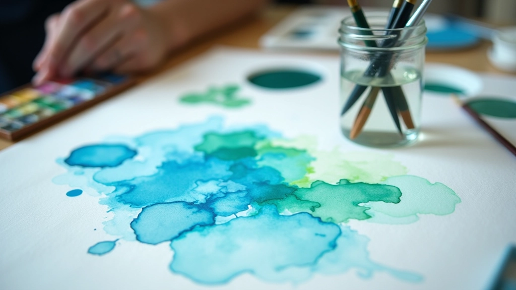 Artist's watercolour palette with blues, greens, and earth tones mixed together, brushes resting in water jar, natural studio lighting