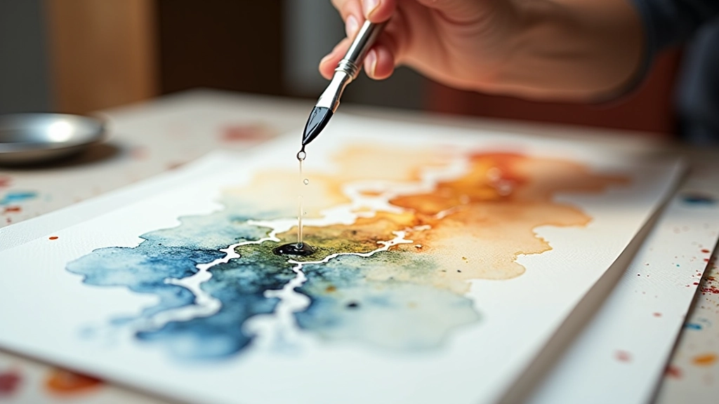 Watercolour painting mid-process showing water droplets and colour bleeding creating natural texture and movement