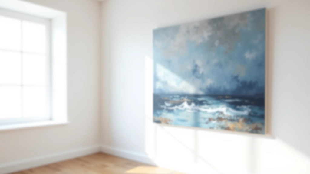 Large finished abstract seascape painting displayed in modern gallery space with natural light illuminating the textured surface